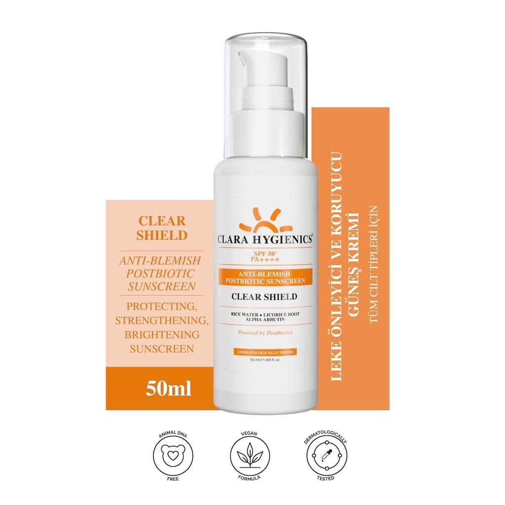 Clara Hygienics Clear Shield 50+SPF Postbiyotik Destekli Leke Önleyici ve Koruyucu Güneş Kremi 50 ml